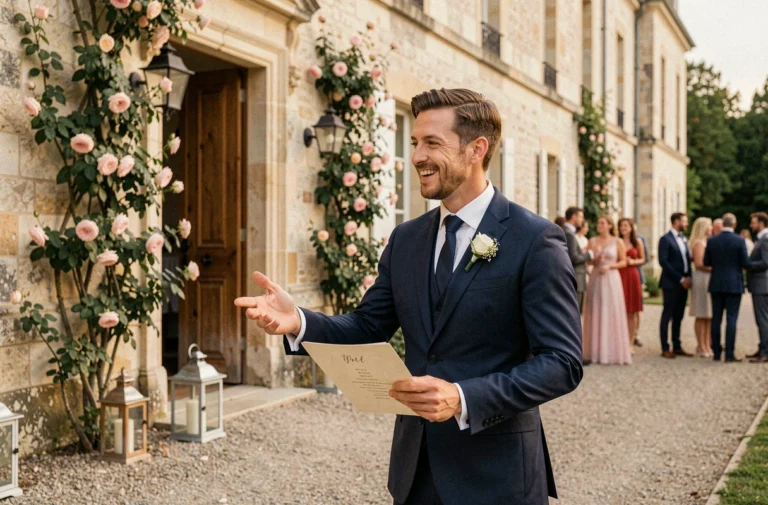 Garçon d'honneur en costume marine accueillant chaleureusement les invités à l'entrée d'un château pour un mariage élégant