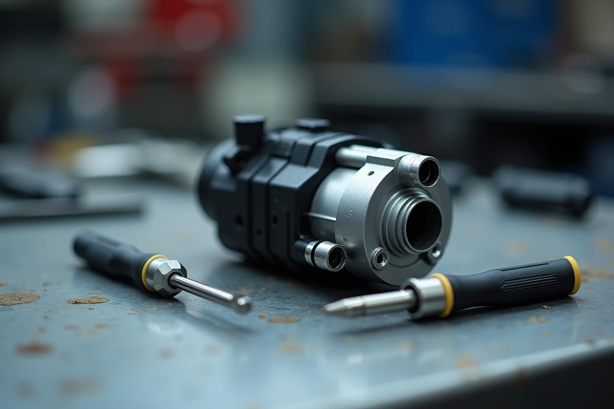 Gros plan sur un actionneur de fermeture centralisée de Peugeot 308 démonté sur un établi d'atelier avec des outils professionnels
