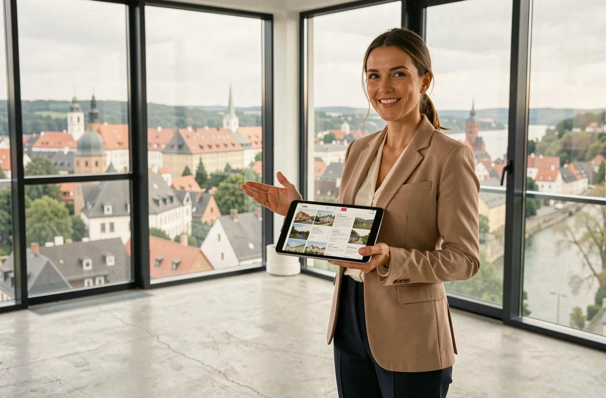 Agente immobilière présentant un appartement avec vue panoramique sur la vieille ville de Luxembourg à un potentiel investisseur