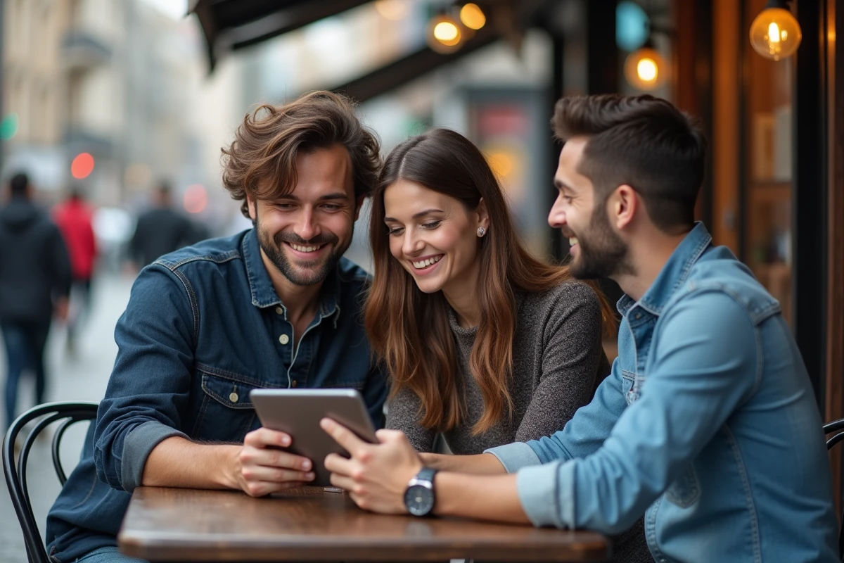 Trois amis partageant une tablette dans un café en ville