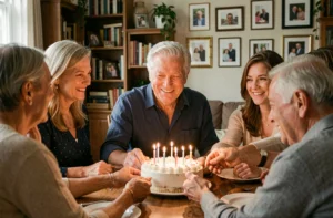 Homme de 70 ans souriant entouré de sa famille pour son anniversaire avec un gâteau d'anniversaire sur une table en bois