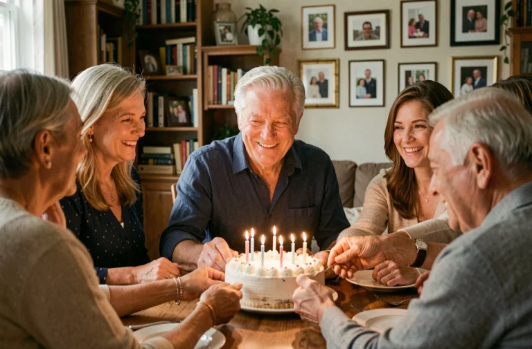 Homme de 70 ans souriant entouré de sa famille pour son anniversaire avec un gâteau d'anniversaire sur une table en bois