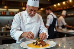 Chef français en train de dresser un poulet au vin jaune