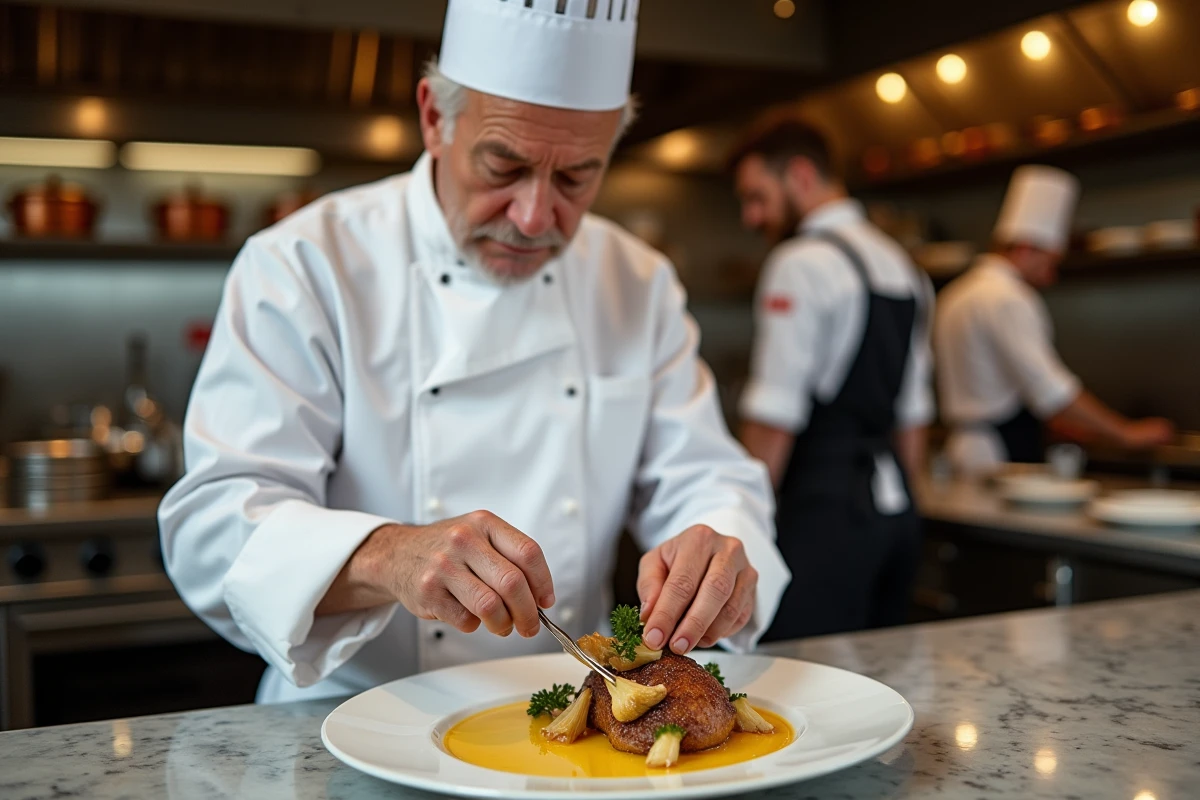 Chef français en train de dresser un poulet au vin jaune