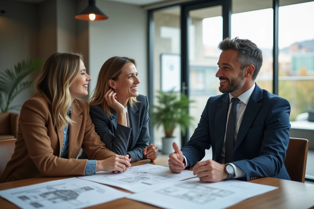 Conseiller immobilier expérimenté présentant des plans de propriété à un couple lors d'une réunion professionnelle dans une agence moderne
