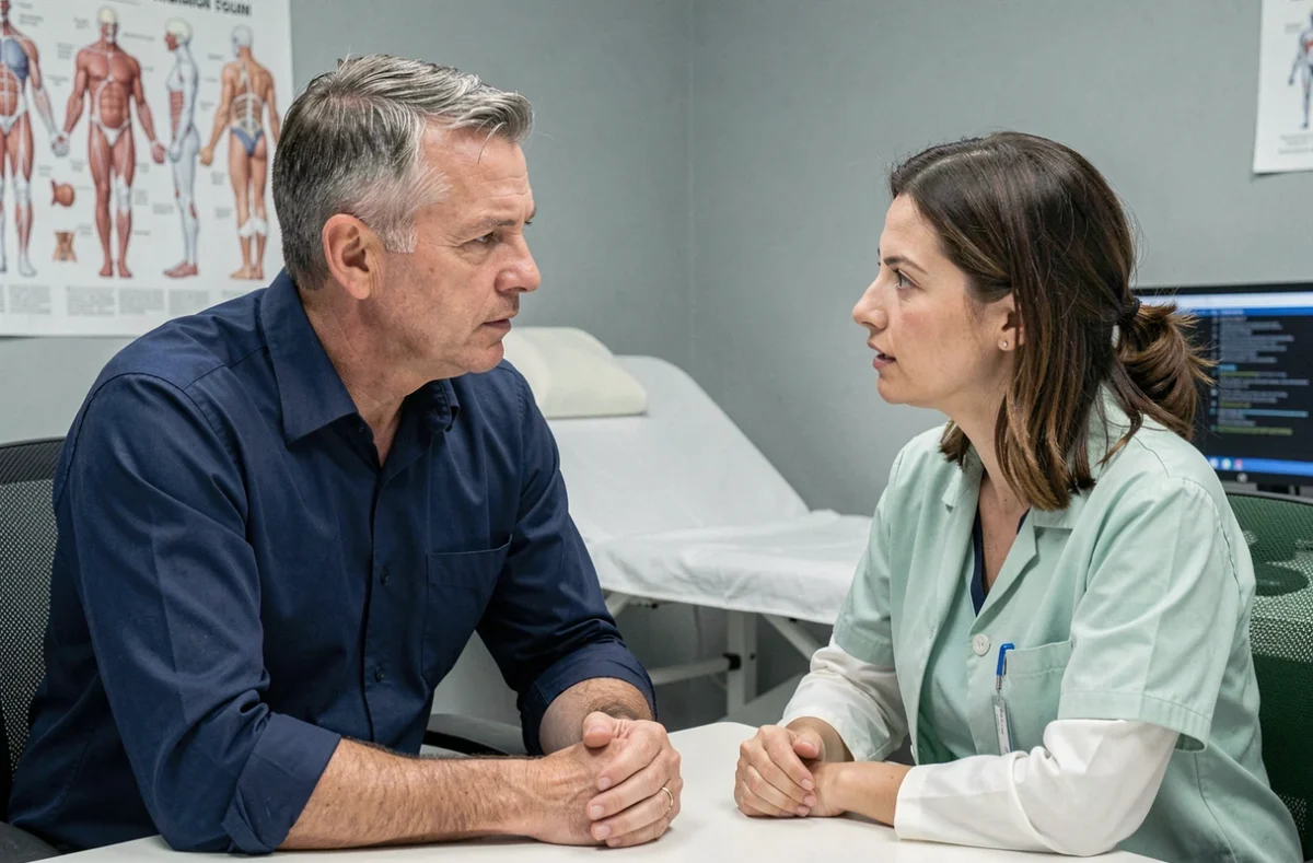 Patient adulte en consultation médicale avec son médecin généraliste pour des symptômes digestifs inquiétants comme les selles blanches