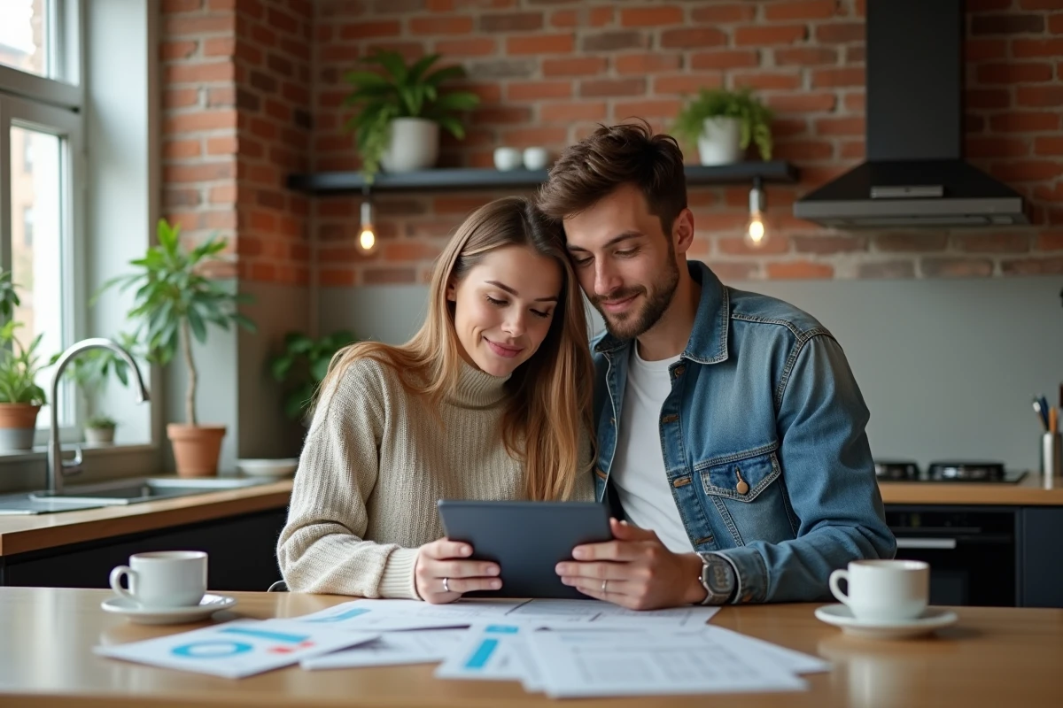 Jeune couple consultant leur portefeuille d'investissement sur une tablette dans une cuisine moderne