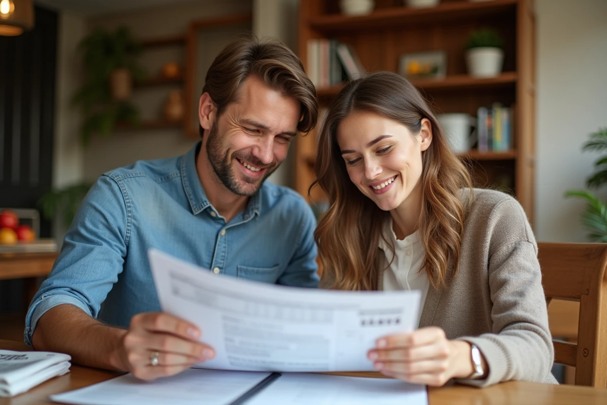 Couple planifiant ensemble leurs finances personnelles avec des relevés bancaires et un plan d'épargne sur une table