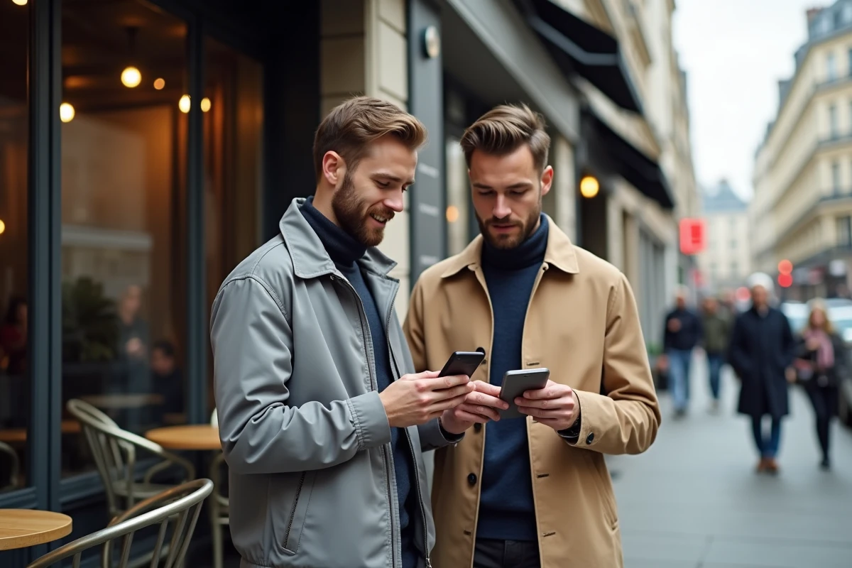 Deux hommes discutant d'une offre de parrainage Zalando Privé devant un café en ville