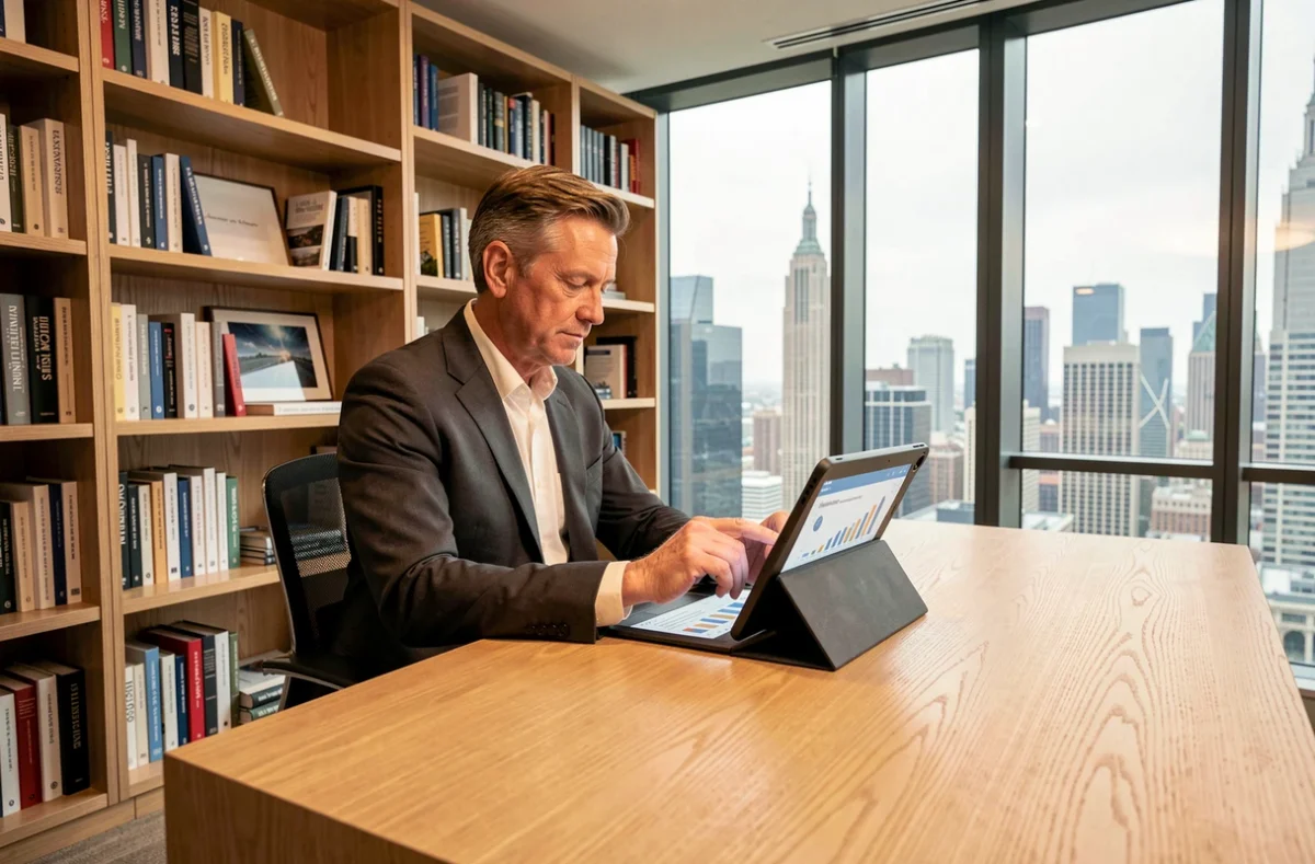 Dirigeant d'entreprise consultant les actualités économiques sur une tablette dans un bureau exécutif contemporain