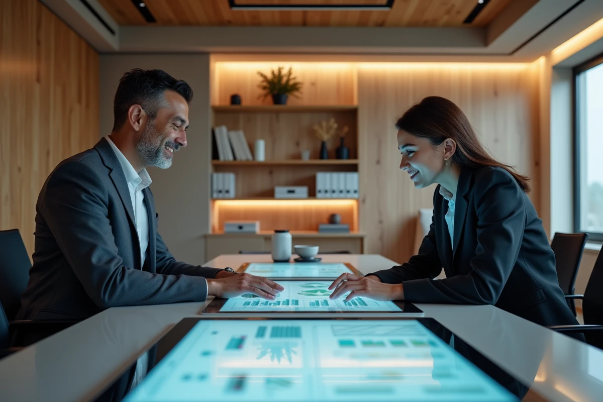 Équipe de professionnels de l'immobilier collaborant sur des projets d'investissement immobilier via une interface numérique en salle de réunion