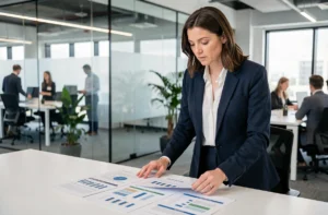 Femme d'affaires en blazer marine analysant des rapports de tendances dans une salle de réunion moderne