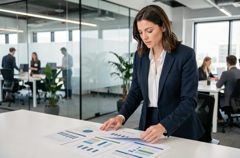 Femme d'affaires en blazer marine analysant des rapports de tendances dans une salle de réunion moderne
