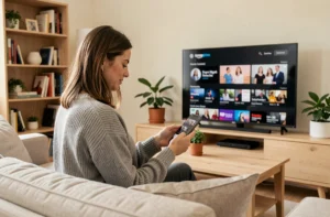 Femme abonnée Amazon Prime regardant du contenu en streaming sur son téléviseur depuis son canapé