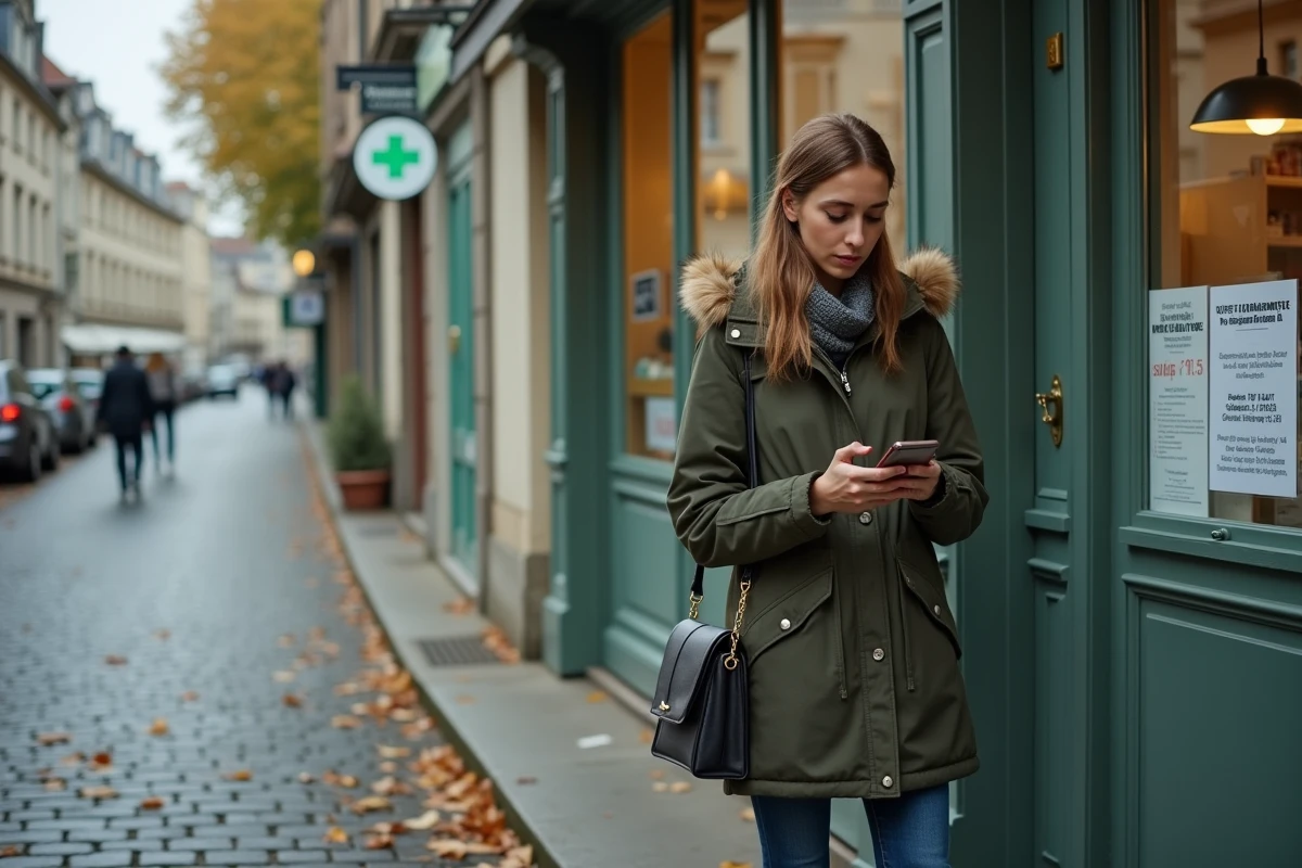 Jeune femme devant une pharmacie de village composant le numéro 116 117 sur son smartphone