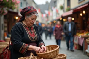 Femme bretonne en costume traditionnel dans un marché animé