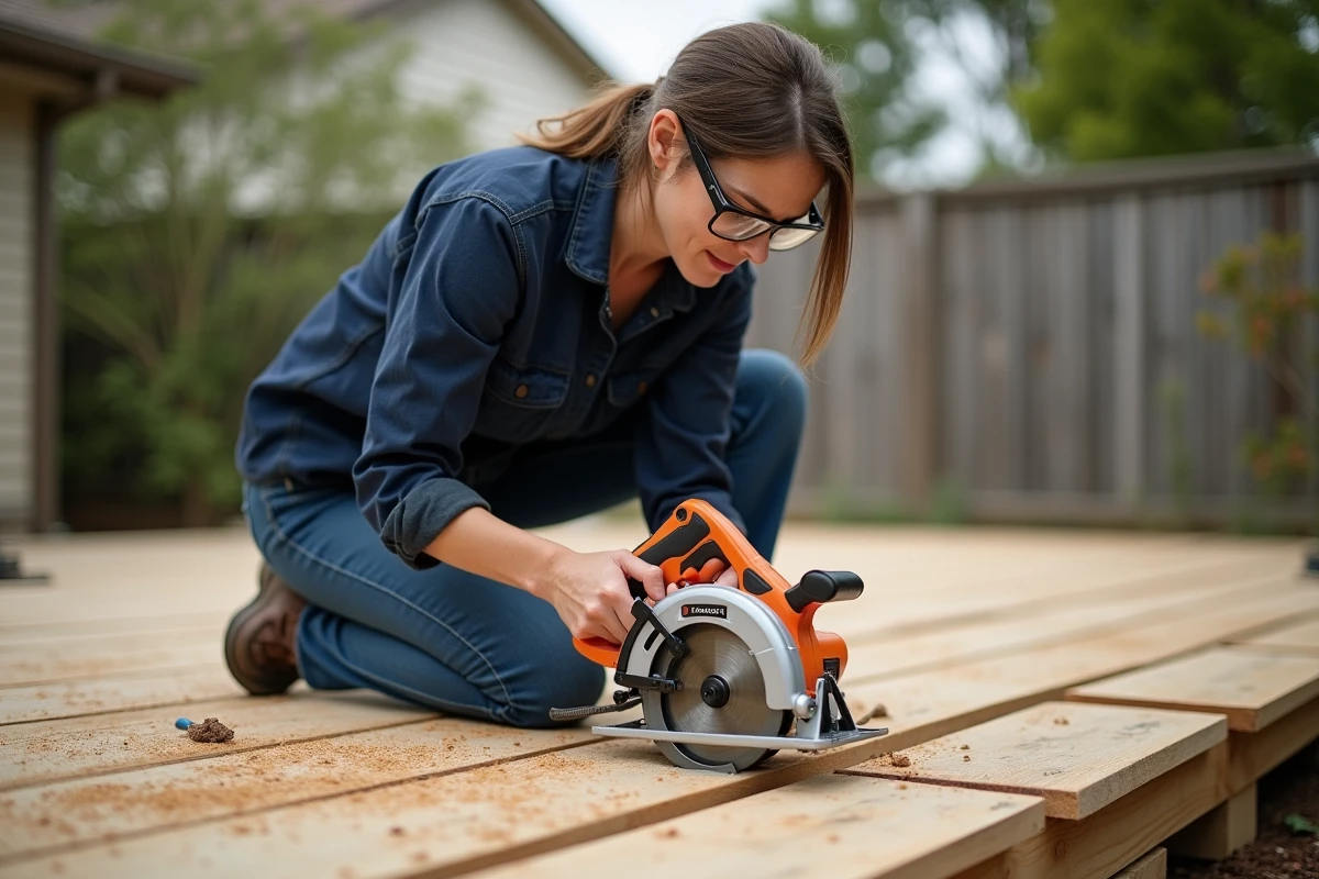 Femme bricolant en extérieur avec une scie circulaire Black & Decker CD601 sur une terrasse en bois en construction