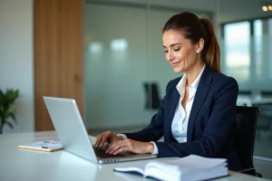 Femme d affaires concentrée au bureau avec ordinateur
