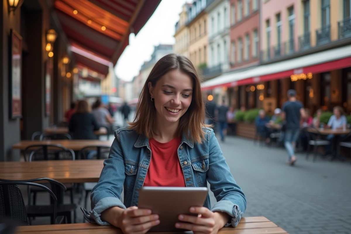 Jeune femme regardant une course de formule 1 sur sa tablette en extérieur