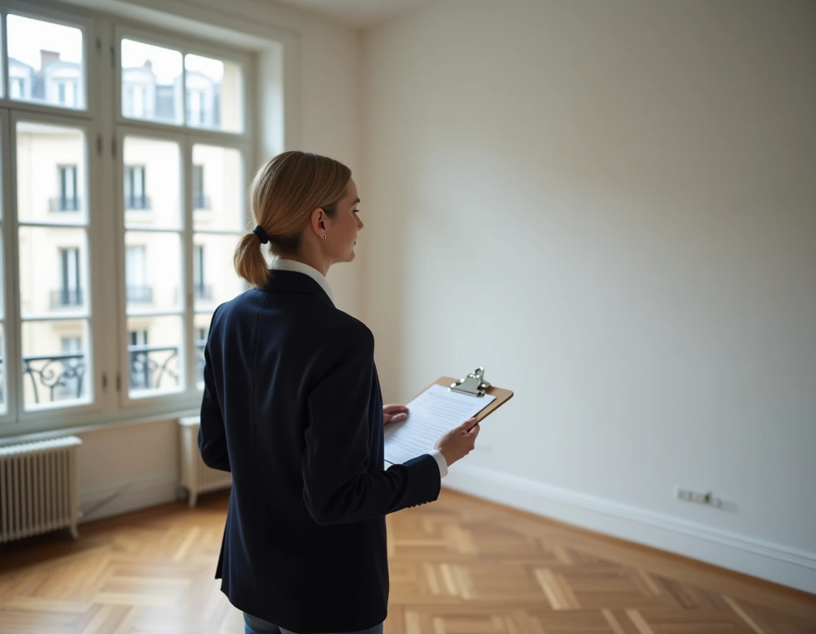 Femme tenant des dossiers de demande de logement dans un appartement vide après un refus de prêt Action Logement