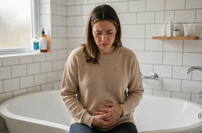 Femme préoccupée assise dans une salle de bain moderne, mains sur le ventre, illustrant les douleurs abdominales et symptômes digestifs