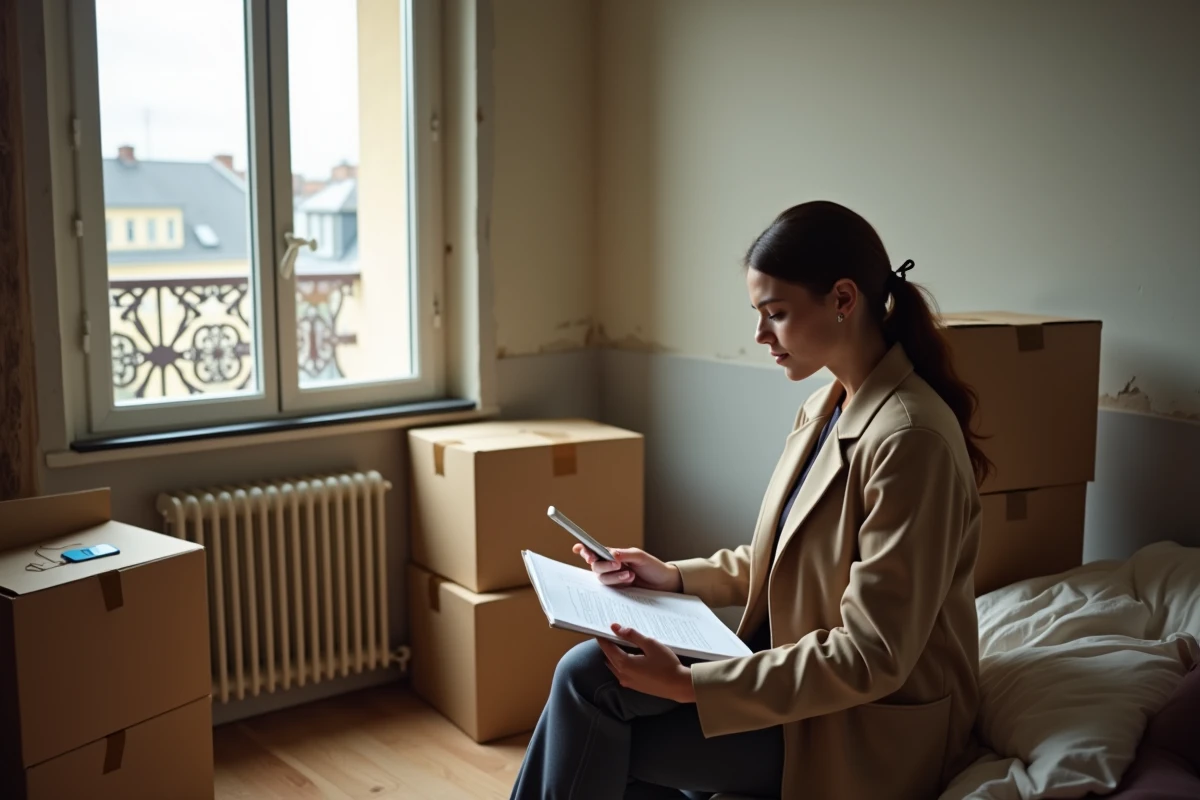 Femme dans une chambre avec cartons en transition