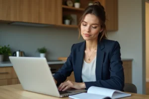 Femme en blazer étudie un graphique financier dans sa cuisine