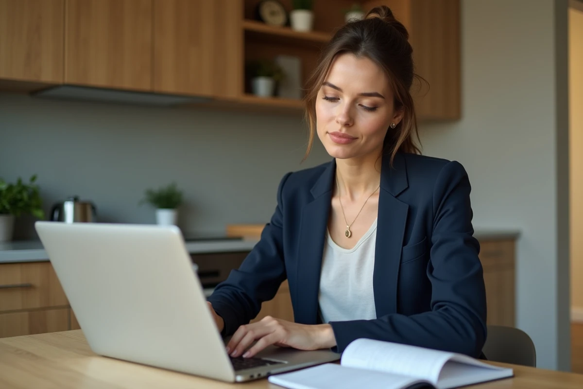 Femme en blazer étudie un graphique financier dans sa cuisine