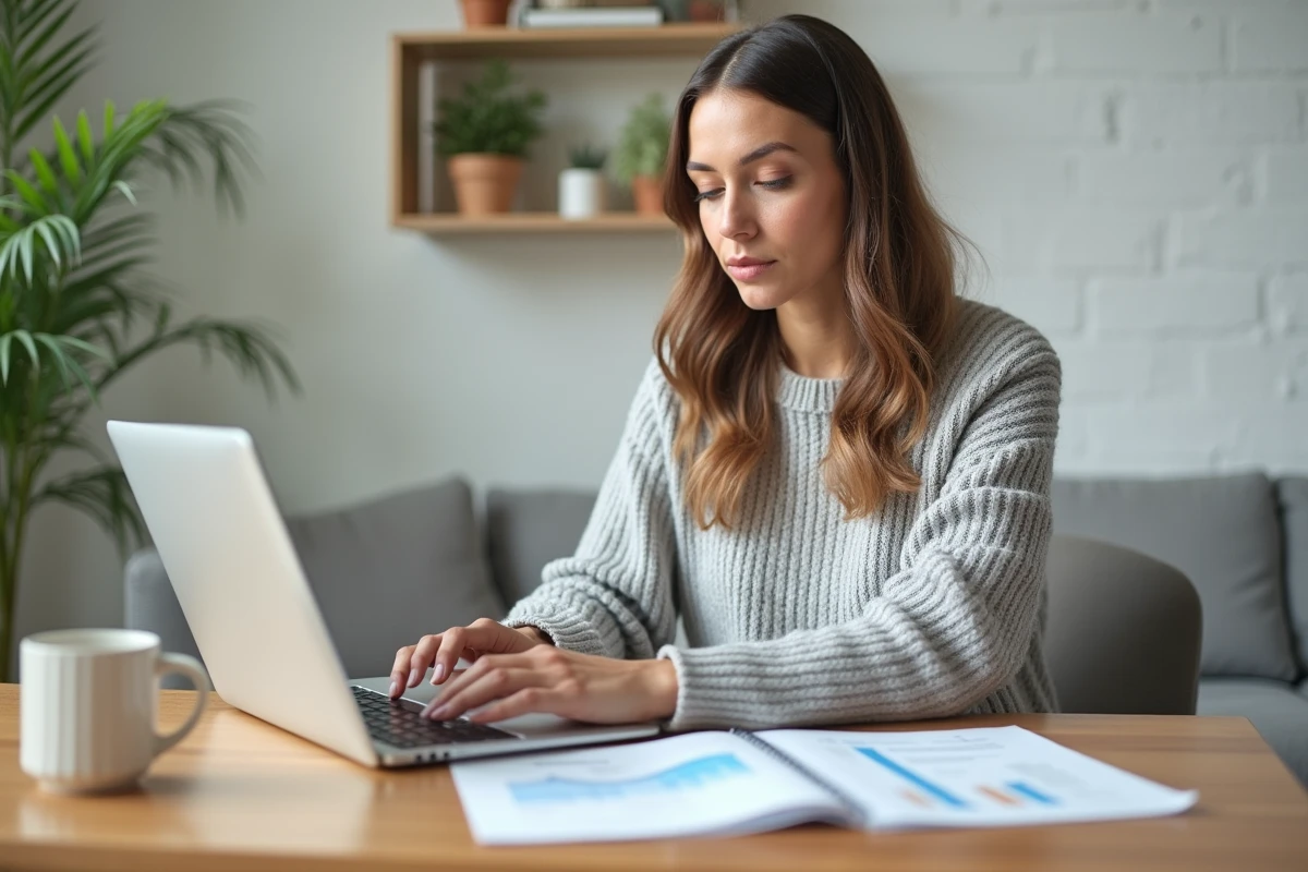 Femme gérant son budget personnel sur un ordinateur portable avec des documents financiers sur un bureau en bois