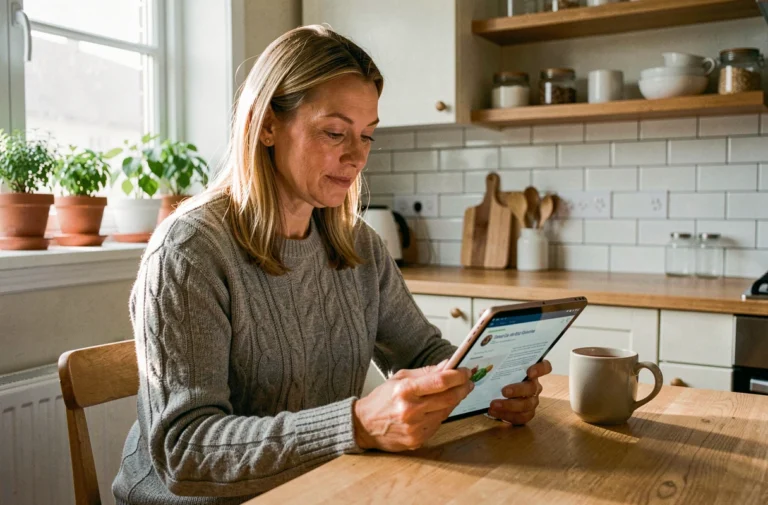 Femme de quarante ans consultant des sources d'informations santé fiables sur une tablette dans une cuisine moderne