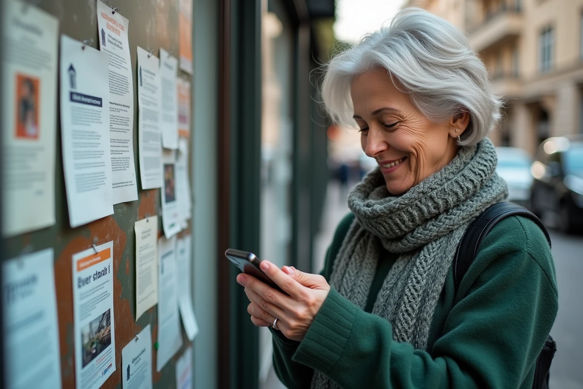 Femme vérifiant son smartphone près d’un panneau d’affichage urbain