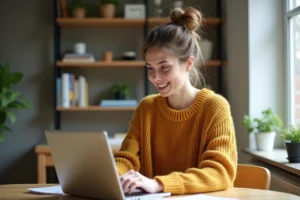 Femme détendue utilisant son ordinateur à la maison