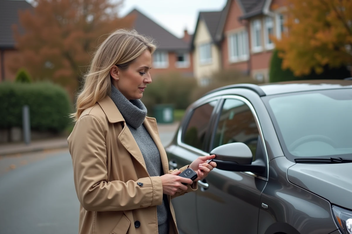 Femme perplexe tentant d'ouvrir sa Peugeot 308 avec la télécommande de verrouillage centralisé dans une rue résidentielle