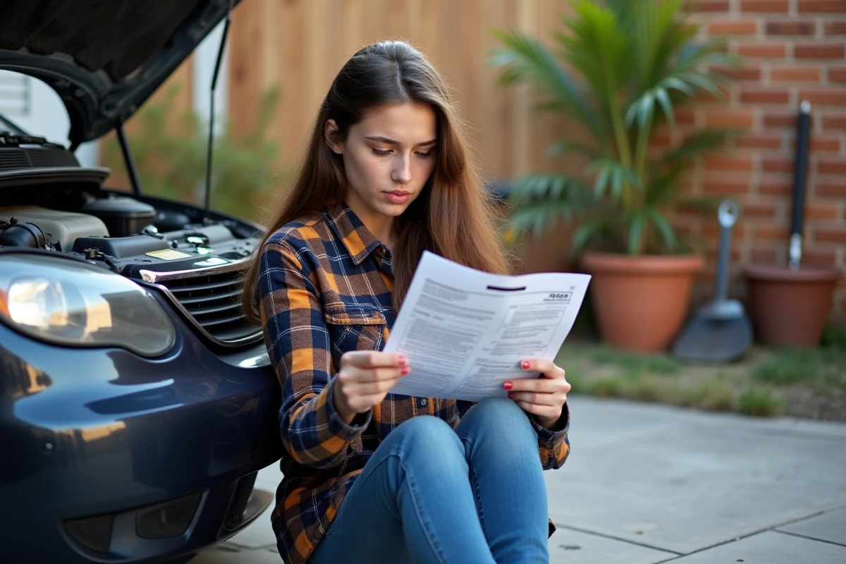 Jeune femme examinant le moteur de sa voiture dehors