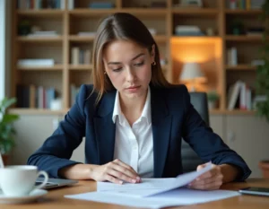 Femme professionnelle révisant son CV dans un bureau moderne pour optimiser sa recherche d'emploi en 2024