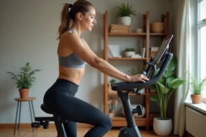 Femme en sport ajustant un vélo d'appartement moderne