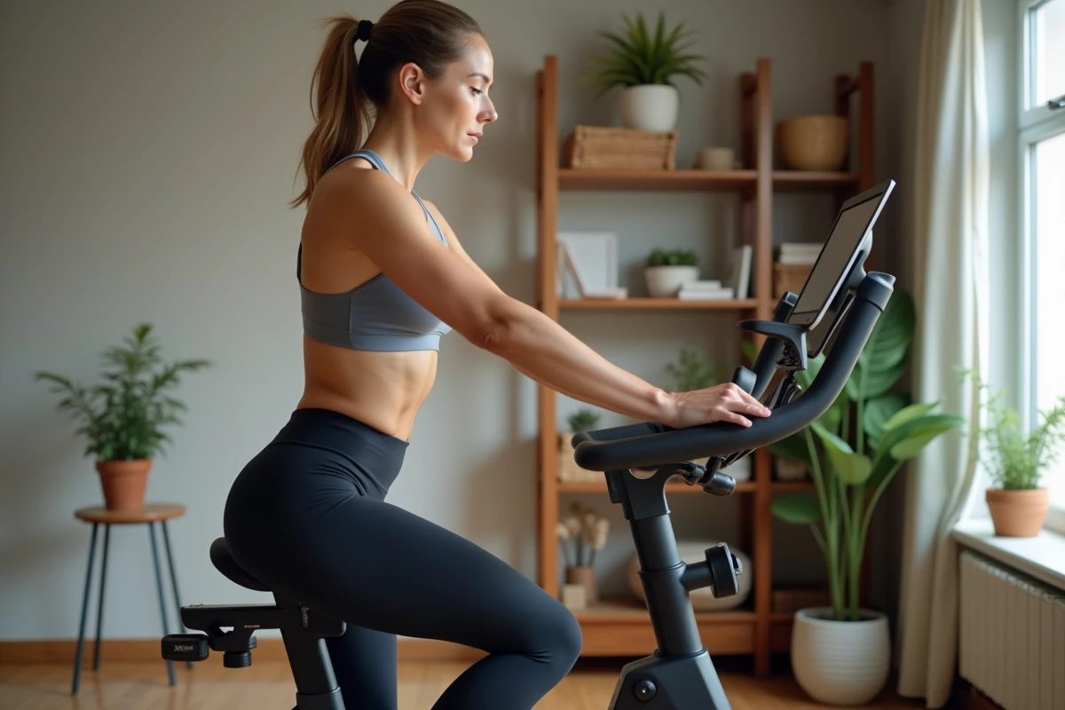 Femme en sport ajustant un vélo d'appartement moderne