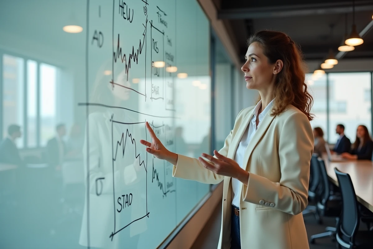 Femme professionnelle présentant une stratégie d'investissement sur un tableau blanc dans une salle de réunion d'entreprise