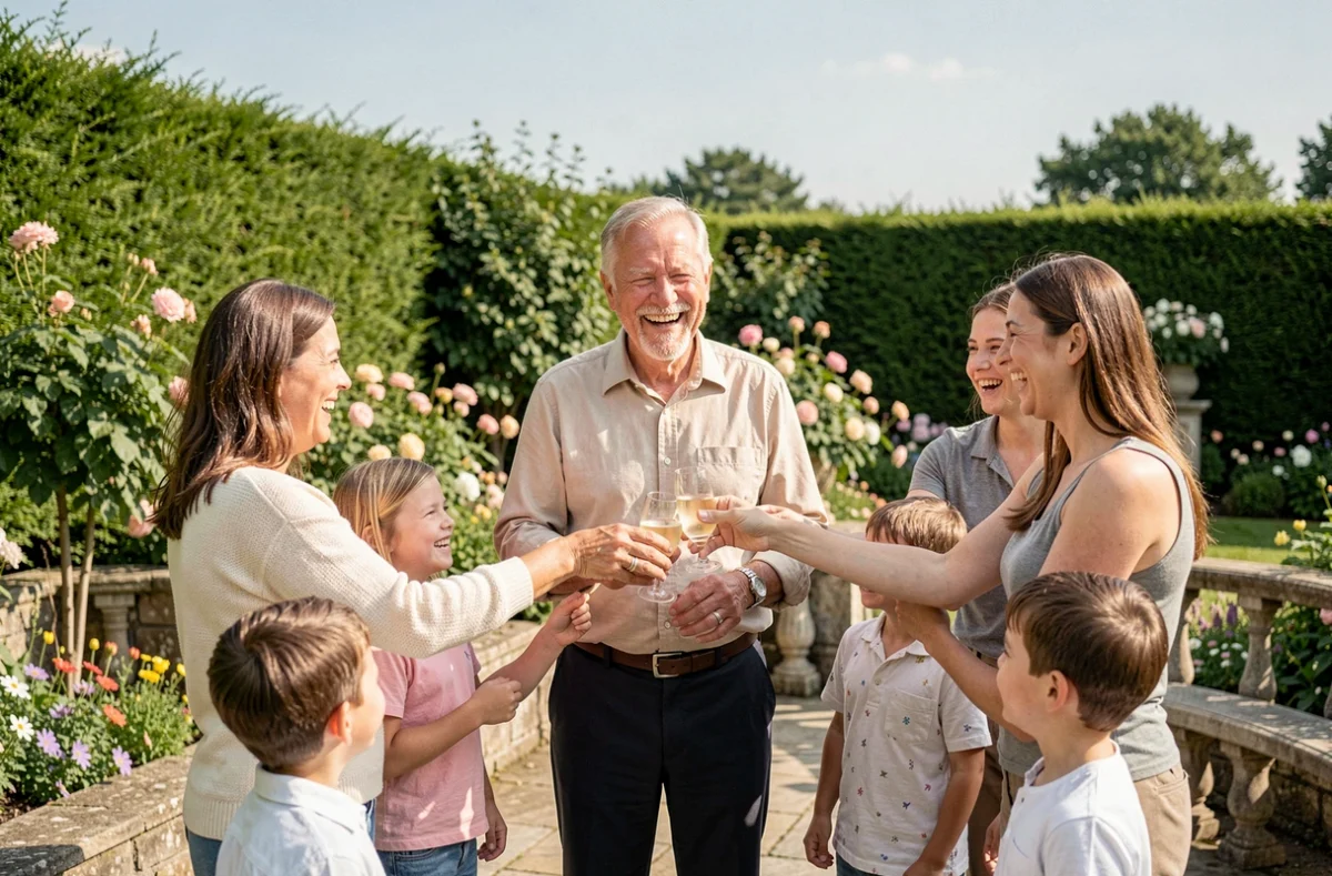 Homme de 70 ans riant avec sa famille dans un jardin fleuri lors d'une fête d'anniversaire en plein air