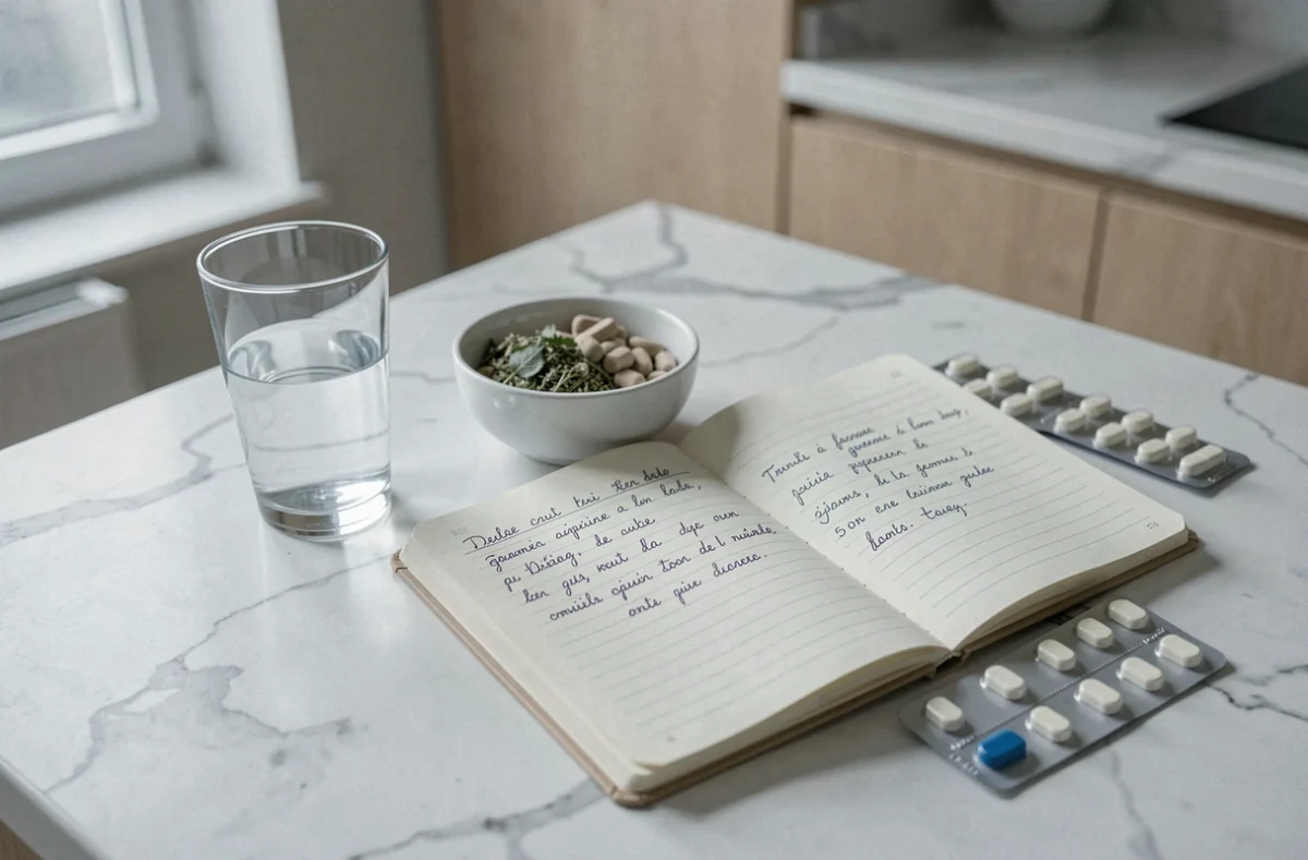 Comptoir de cuisine avec carnet de santé, médicaments et verre d'eau illustrant la prise en charge des troubles digestifs à domicile