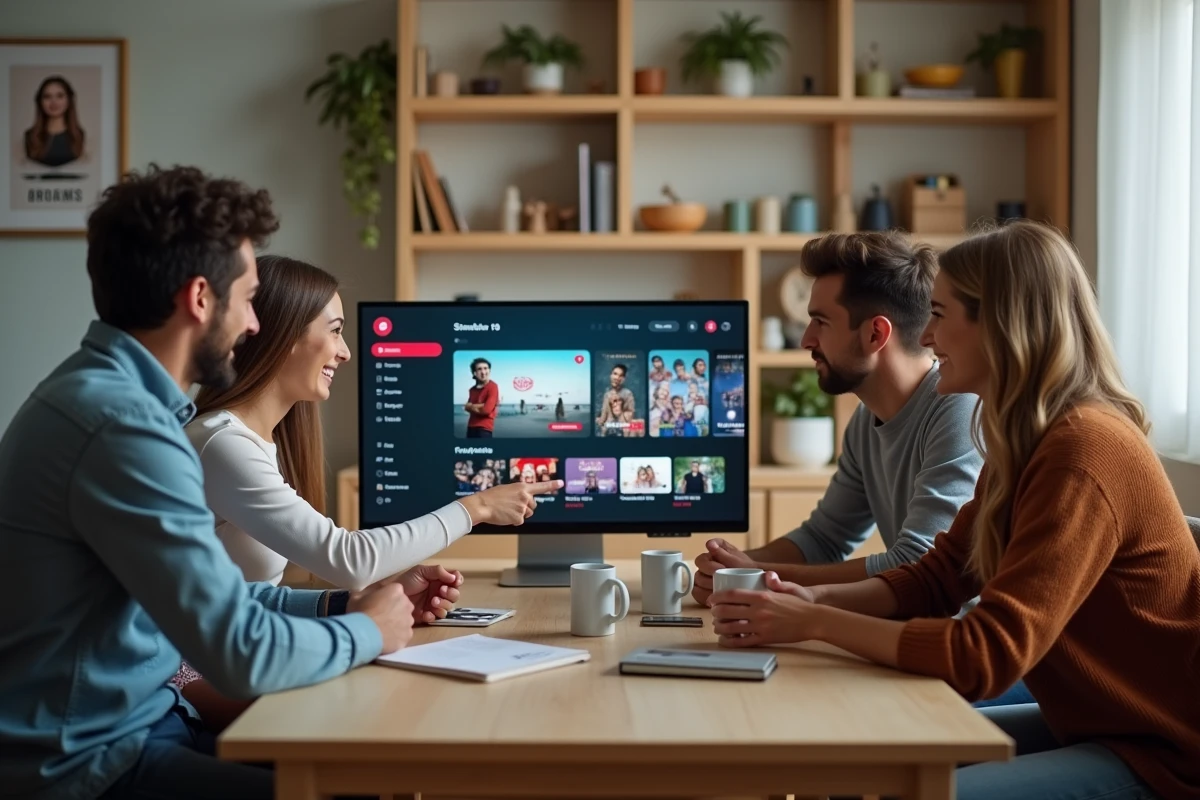 Trois amis discutant devant un grand écran dans un bureau lumineux