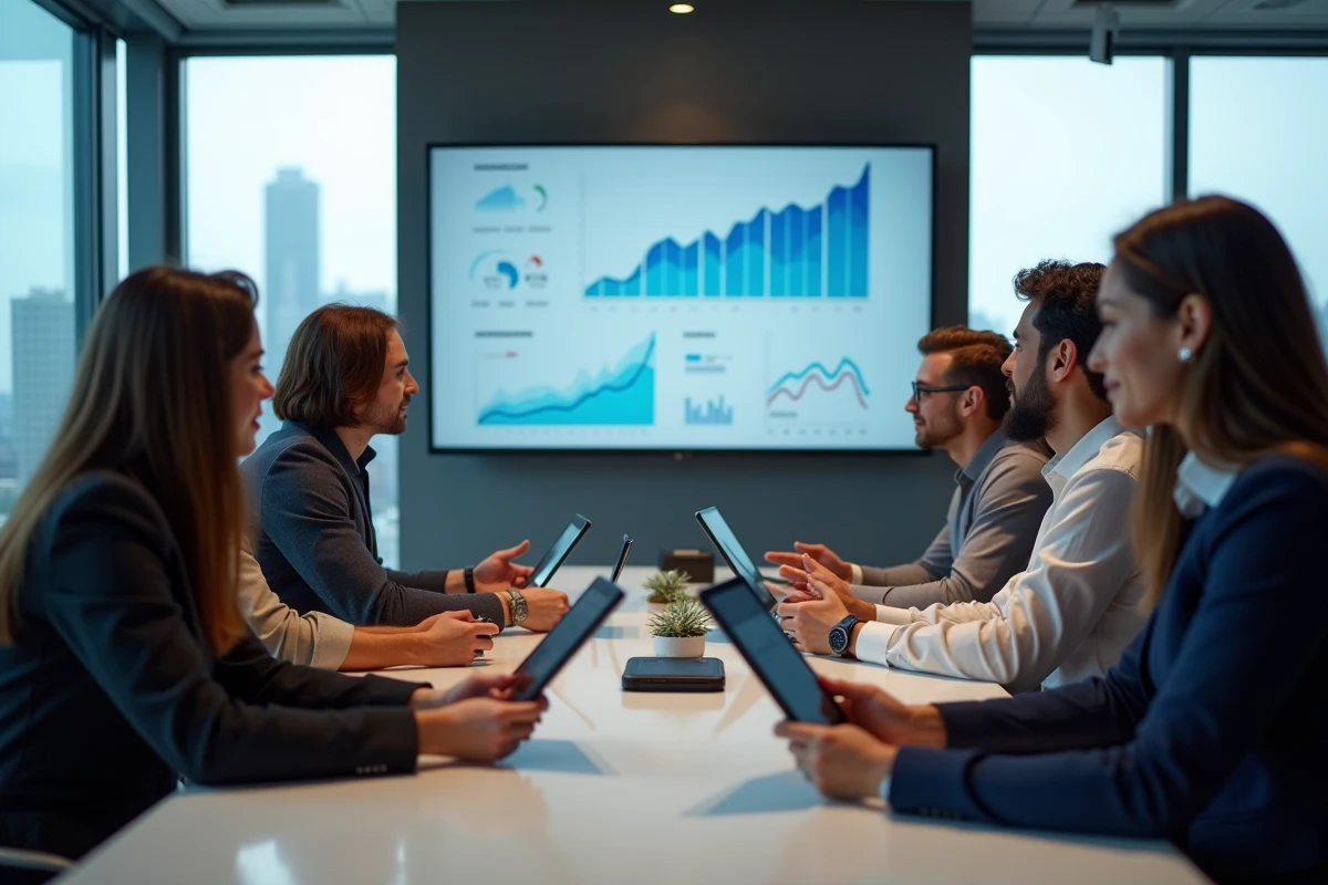 Groupe de professionnels analysant des graphiques en réunion