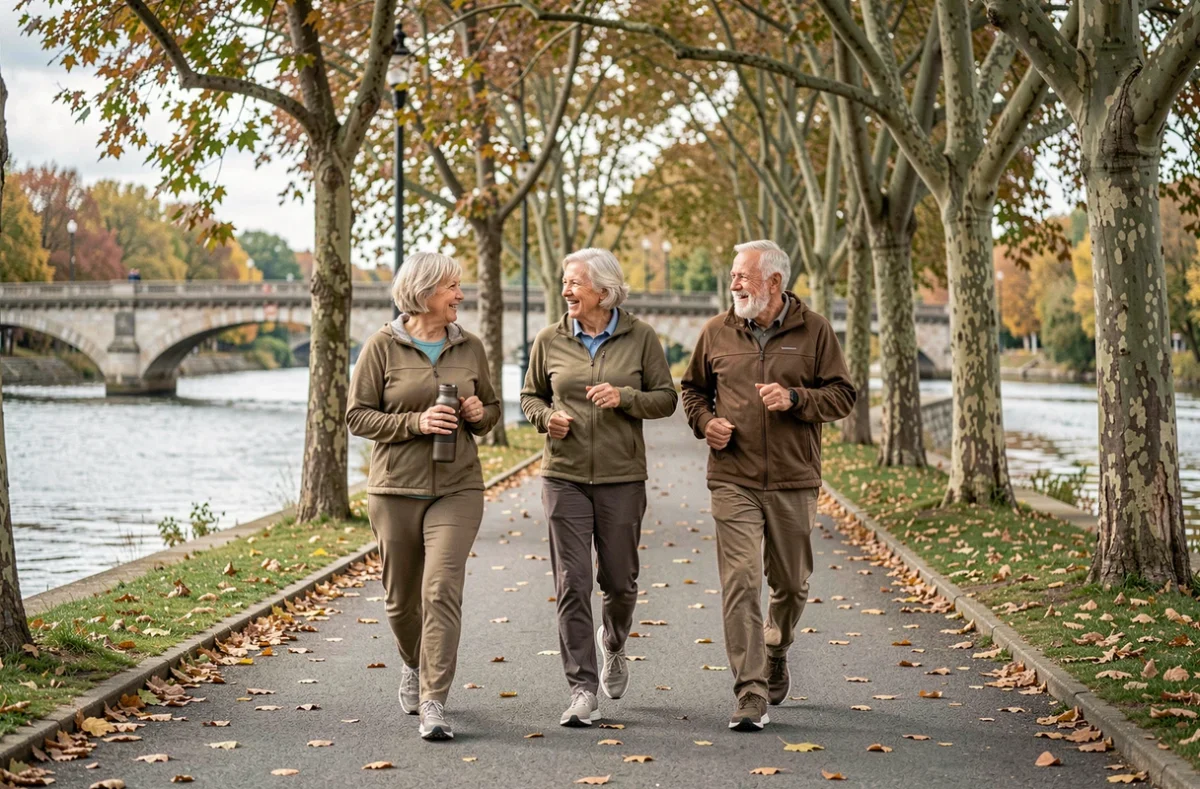 Groupe de seniors marchant ensemble sur un chemin de bord de rivière en automne, activité physique conviviale en plein air
