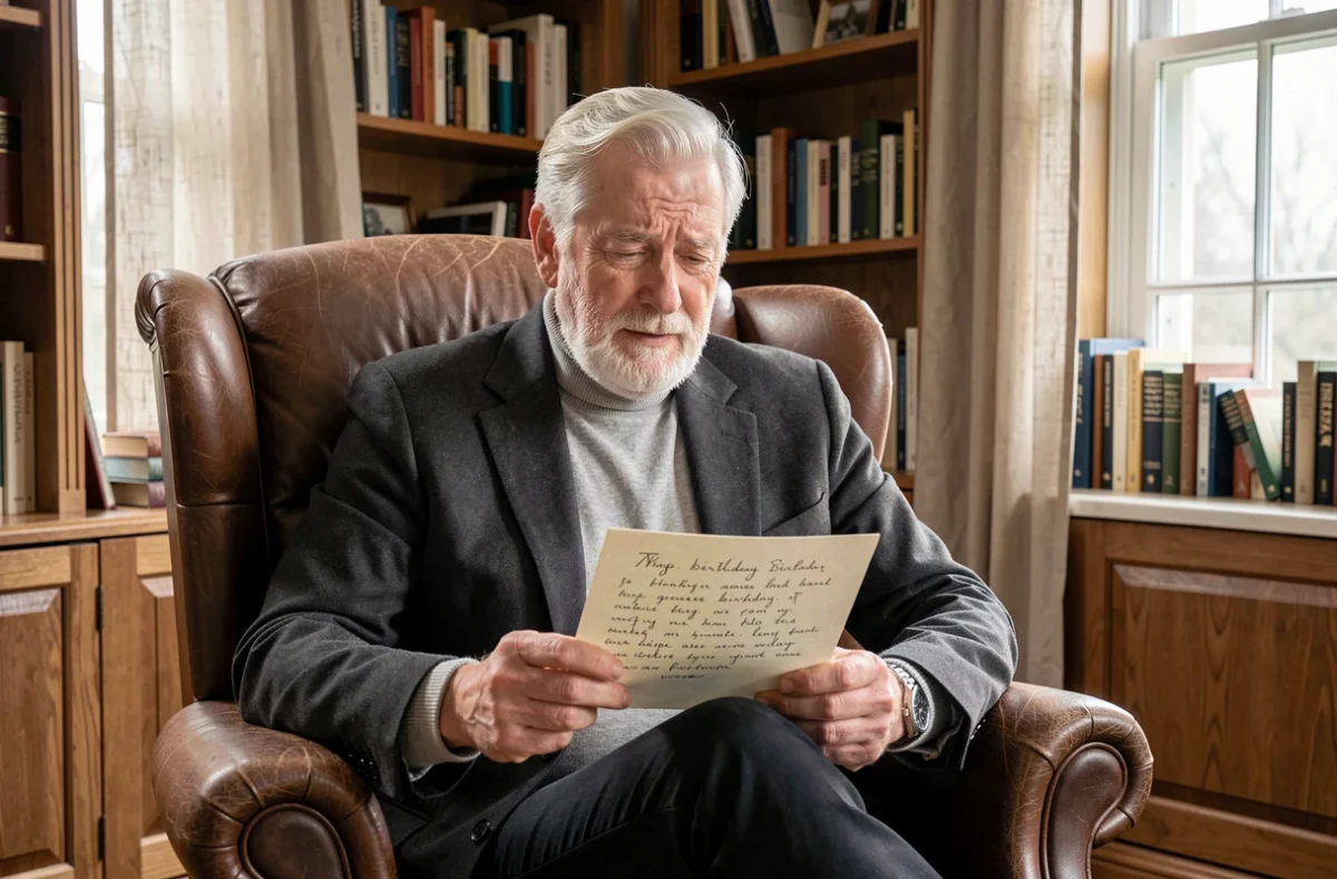 Homme élégant de 70 ans lisant une carte d'anniversaire touchante dans un bureau chaleureux rempli de livres