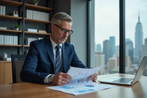 Homme d'affaires analysant des documents financiers et des graphiques boursiers dans un bureau moderne avec vue sur la ville