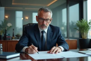 Homme d'affaires français en costume dans un bureau moderne