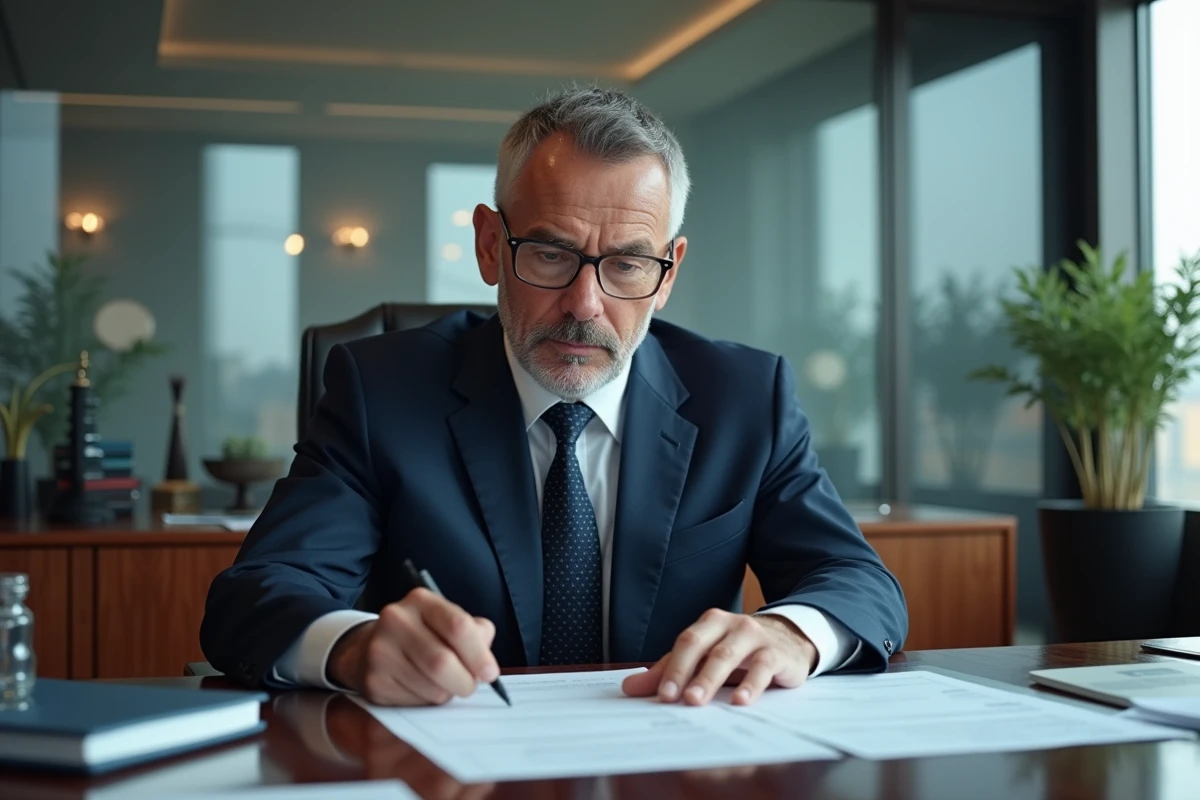 Homme d'affaires français en costume dans un bureau moderne