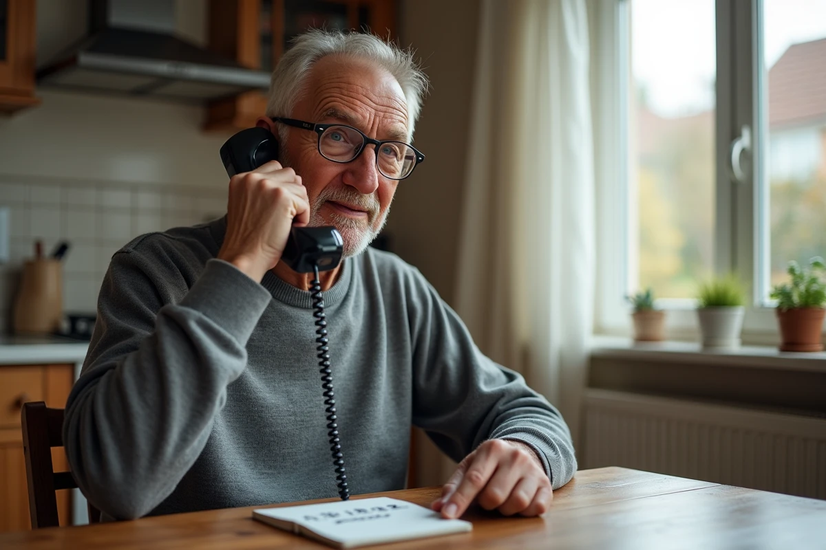 Homme d'âge mûr appelant le 116 117 depuis sa cuisine pour une urgence médicale non vitale