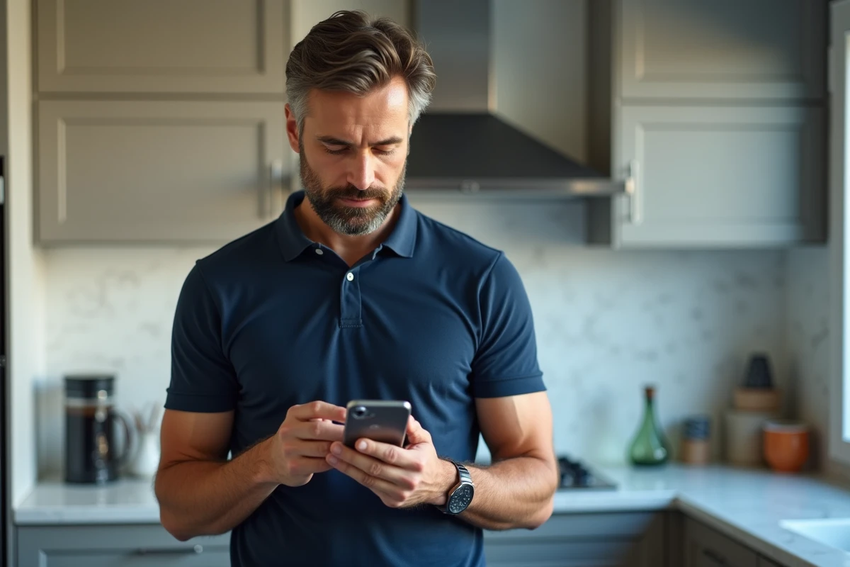 Homme consultant une application de gestion des finances personnelles sur son smartphone dans sa cuisine