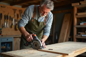 Homme bricoleur utilisant une scie circulaire Black & Decker CD601 pour couper une planche de bois dans un atelier de garage